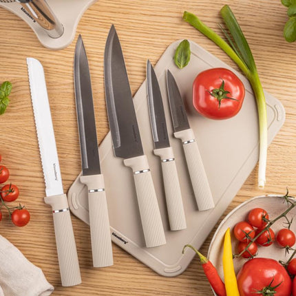 Klausberg KB-7978 8 Delig Keukenset - Messenset met Snijplank en Papierrolhouder - Beige Roestvrij Staal