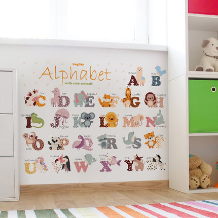Wandsticker Engels Alfabet - Educatieve Letters voor Kinderkamer - 65x100 cm - Zelfklevende ABC Sticker voor Scholen en Kinderdagverblijven - Dieren woorden - Alfabet leren - Educatief