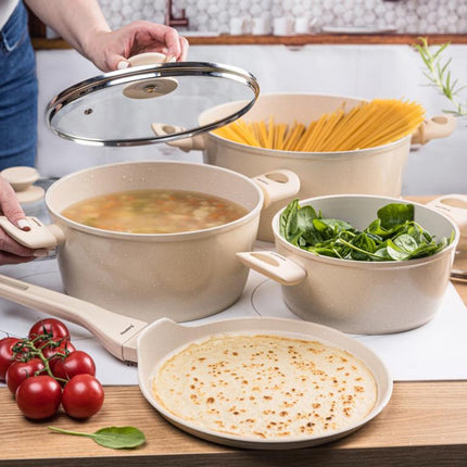 Klausberg KB-7963 Pannenset 7 Delig Beige | Marmer Anti-aanbaklaag | Inclusief Koekenpan 24 cm | Geschikt voor Inductie