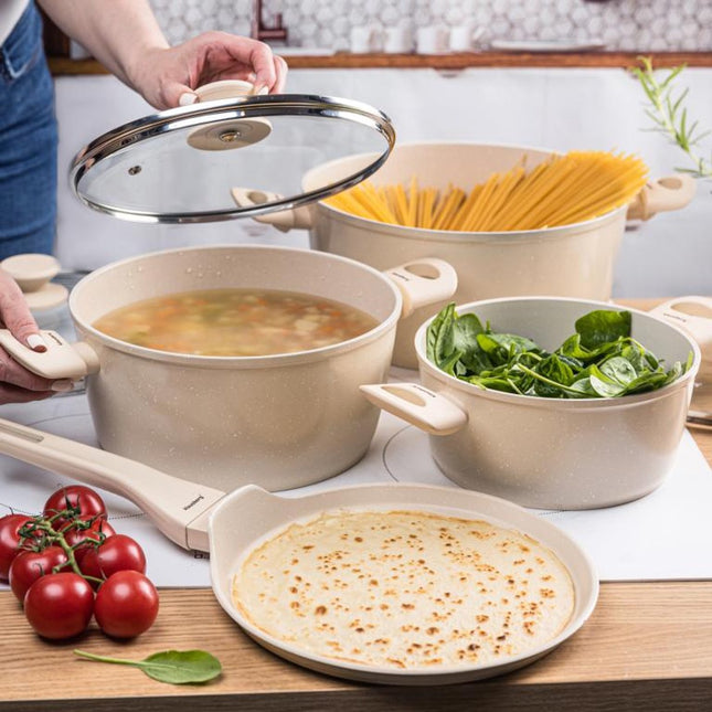 Klausberg KB-7963 Pannenset 7 Delig Beige | Marmer Anti-aanbaklaag | Inclusief Koekenpan 24 cm | Geschikt voor Inductie