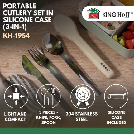 KINGHOFF 3-in-1 RVS Bestekset - Draagbaar Silliconen Etui - Inclusief Mes, Vork en Lepel - KH-1954 - Camping bestekset - Travelbestek set -
