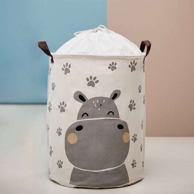 Nijlpaard Speelgoedopbergmand - Katoenen Opbergbox met Trekkoord - Kinderwasmand - 43 Liter - 35x35x45 cm - Opbergmand - Kledingmand - Sipo