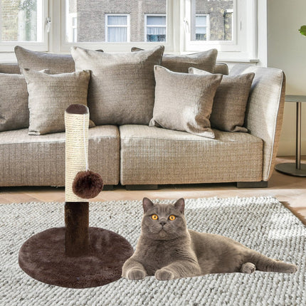 Krabpaal voor Katten - Donkerbruin Krabmeubel 40 cm - Met Sisal Paal en Speel Touw - Kat Krabpaal - 40cm Hoog - Met speeltouw