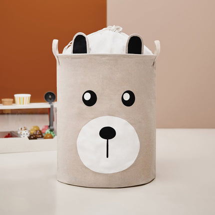 Beige Speelgoedopbergmand met Teddy Beer Gezicht - Katoenen Opbergbox - Kinderwasmand met Trekkoord - 43 Liter - 35x35x45 cm - Speelgoedmand - Sipo
