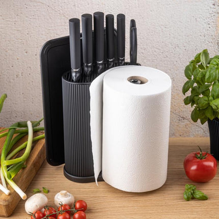 Klausberg KB-7977 8 Delig Keukenset - Messenset met Snijplank en Papierrolhouder - Zwart Roestvrij Staal - Messenblok - o.a. Koksmes, Broodmes, Snijplank, Keukenset