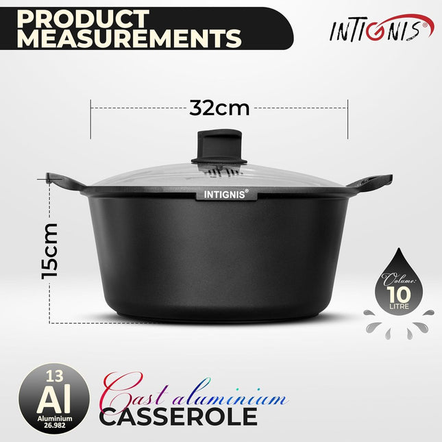 INTIGNIS® Braadpan met Deksel – 32 cm (10 liter) – GREBLON Keramische Antiaanbaklaag – Geschikt voor Inductie, Gas & Elektrisch – Inclusief Glasdeksel