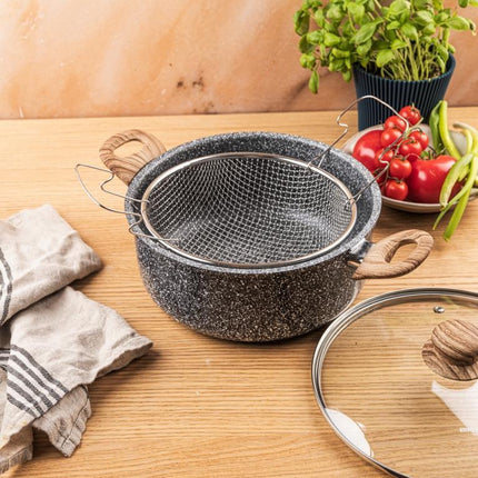 KingHoff KH-1985 4.0 Liter Frituur Pan met Mand - Marmer Non-Stick - Geschikt voor Alle Kookplaten Inclusief Inductie - 24 cm - Frituurpan met Korf - Friteuse