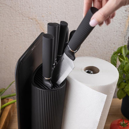 Klausberg KB-7977 8 Delig Keukenset - Messenset met Snijplank en Papierrolhouder - Zwart Roestvrij Staal - Messenblok - o.a. Koksmes, Broodmes, Snijplank, Keukenset