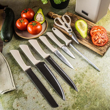 Klausberg KB-7984 8 Delig Messenset - Messenblok met Acacia Hout - Roestvrij Staal Inclusief Slijpstaaf - Broodmes - Koksmes - Vleesmes -