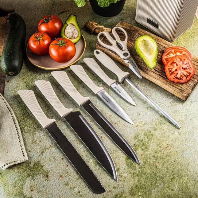 Klausberg KB-7984 8 Delig Messenset - Messenblok met Acacia Hout - Roestvrij Staal Inclusief Slijpstaaf - Broodmes - Koksmes - Vleesmes -