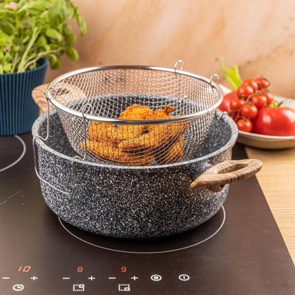 KingHoff KH-1985 4.0 Liter Frituur Pan met Mand - Marmer Non-Stick - Geschikt voor Alle Kookplaten Inclusief Inductie - 24 cm - Frituurpan met Korf - Friteuse