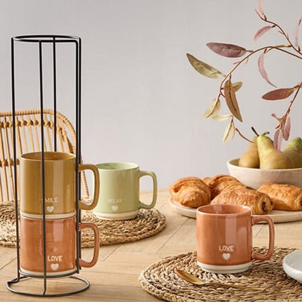 Secret de Gourmet Koffie mokken/bekers Earth - 4x stuks in metalen rekje - Keramiek - glans afwerking - 340 ml - 7 x 9 cm