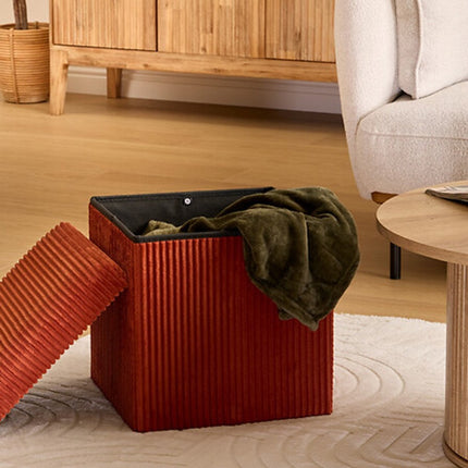 Hocker / Poef Essestial Ribcord - opvouwbaar - donkerrood - MDF/polyester - 38 x 38 cm - met opbergruimte - extra zitplaatsen