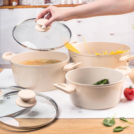 Klausberg KB-7961 Pannenset 6 Delig Beige | Marmer Anti-aanbaklaag | Geschikt voor Inductie | 3 Pannen met Deksels | Creme