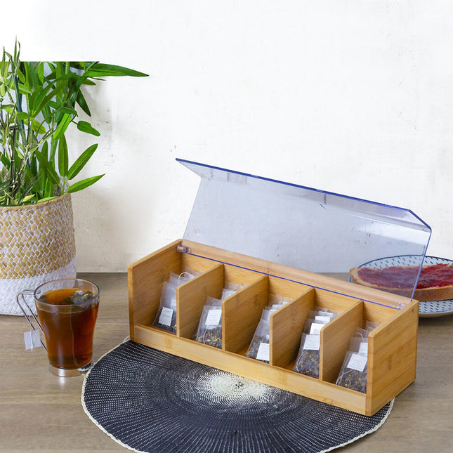 5Five Theedoos lichtbruin met deksel - 5-vaks - Bamboe hout - 36 x 11 x 10 cm
