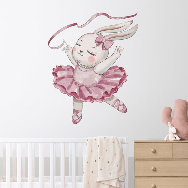 Wandsticker Konijn Ballerina - 61x50 cm - Muurdecoratie voor Kinderkamer - Ballet Muurstickers Meisjeskamer - Zelfklevende Muurplaat - Babykamer