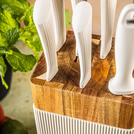 Klausberg KB-7984 8 Delig Messenset - Messenblok met Acacia Hout - Roestvrij Staal Inclusief Slijpstaaf - Broodmes - Koksmes - Vleesmes -