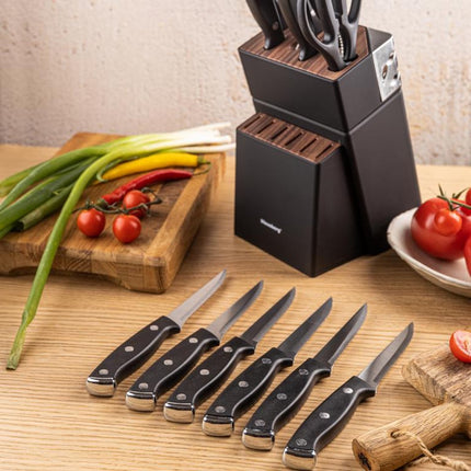 Klausberg KB-7985 13 Delig Messenset - Zwart Messenblok met Slijpstaaf - 6 Stekmessen Inclusief - Messenset met Blok - O.a. Broodmes, Koksmes, Vleesmessen en Schaar