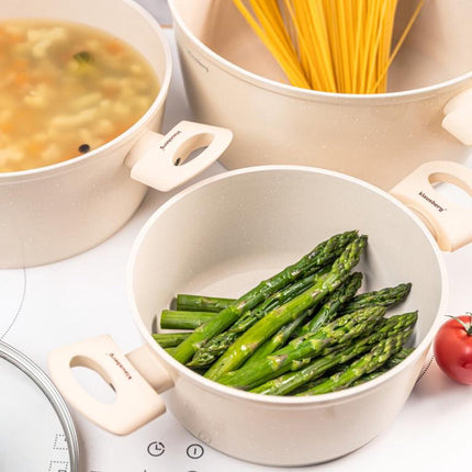 Klausberg KB-7961 Pannenset 6 Delig Beige | Marmer Anti-aanbaklaag | Geschikt voor Inductie | 3 Pannen met Deksels | Creme