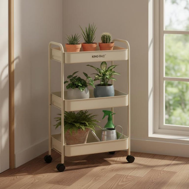 Kinghoff KH-1943 Mobiele 3-delige Stellingkar - Verrijdbare Opbergkar in Beige - Voor Keuken & Badkamer - Organizer op wieltjes - Bijzet meubel -