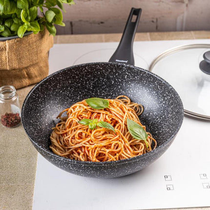 Klausberg Wokpan 28 cm met Deksel – Marble Anti-aanbaklaag – 3.9L – Inductie Geschikt – Aluminium Wok – Met Glazen Deksel – KB-7990