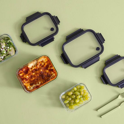 5Five Vershoudbakje met deksel - glas - luchtdicht - met clips - 23 x 18 x 8 cm - 1300 ml - zwart/transparant