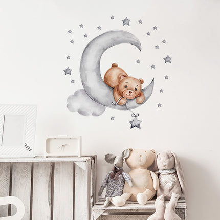 Sipo Wandsticker Beer op de Maan - Zelfklevende Ruimte Muurdecoratie voor Kinderkamer - 60x62 cm - Space Wandsticker voor Babykamer en Peuterruimte
