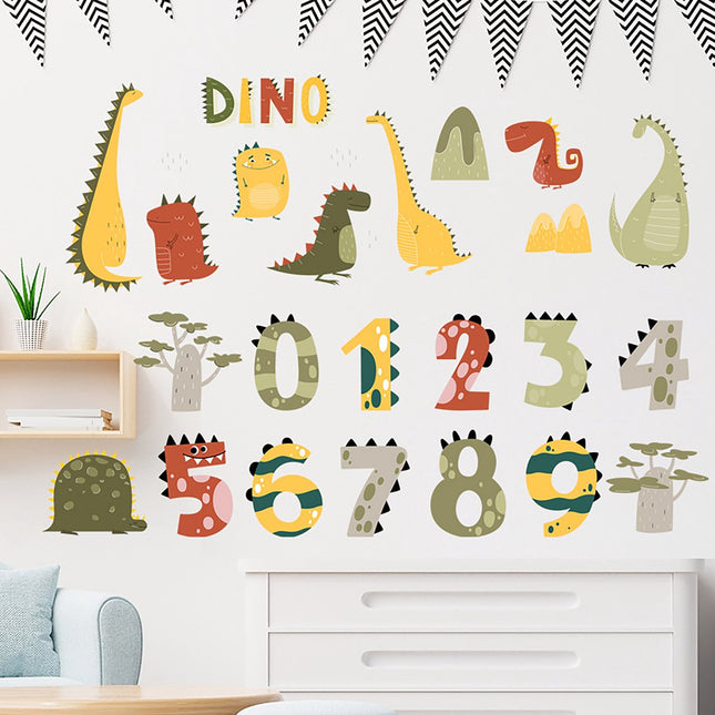 Sipo Wandsticker Cijfers en Dino's - Educatieve Muurdecoratie voor Kinderkamer - 63x63 cm - Zelfklevende Cijfersticker met Dinosaurussen