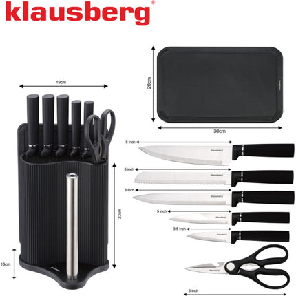 Klausberg KB-7977 8 Delig Keukenset - Messenset met Snijplank en Papierrolhouder - Zwart Roestvrij Staal - Messenblok - o.a. Koksmes, Broodmes, Snijplank, Keukenset