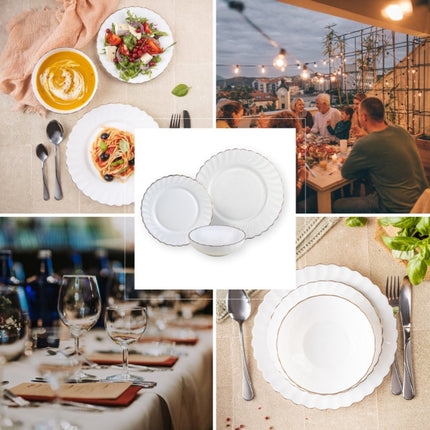KINGHOFF Bordenset MARIGOLD - 18-delig - Wit met Gouden Rand - Opaal Glas - Dinerborden, Dessertborden & Soepkommen - Set voor 6 Personen