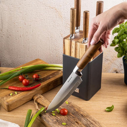 Klausberg KB-7983 6 Delig Messenset - 5 Messen met Acacia Houten Messenblok - Roestvrij Staal Keukenmessen Zwart - o.a. Broodmes , Vleesmes , Koksmes , Groentemes en Messenblok