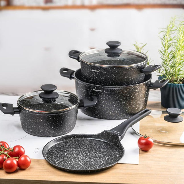 Klausberg KB-7962 Pannenset 7 Delig Zwart | Marmer Anti-aanbaklaag | Inclusief Pannenkoekenpan | Geschikt voor Inductie