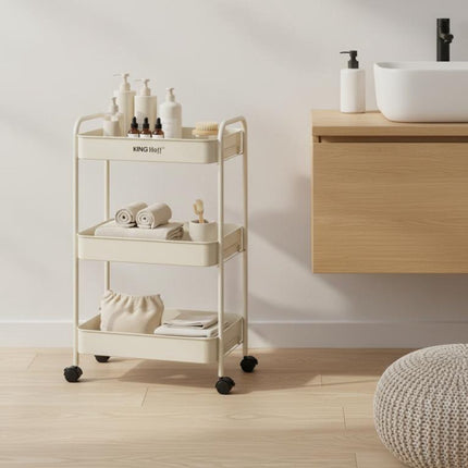 Kinghoff KH-1943 Mobiele 3-delige Stellingkar - Verrijdbare Opbergkar in Beige - Voor Keuken & Badkamer - Organizer op wieltjes - Bijzet meubel -