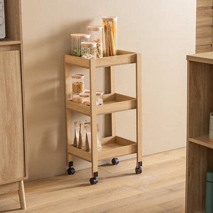 5Five Keuken/badkamer trolley 3 laags - L40 x B30 x H80 cm - naturel - PP hout - met wielen - opberg mandjes/bakjes