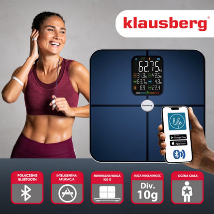 Klausberg KB-7940 Slimme Personenweegschaal – BIA Lichaamsanalyse – Bluetooth App – 180 kg – Donkerblauw – Vet%, Spiermassa, Hydratatie, BMI