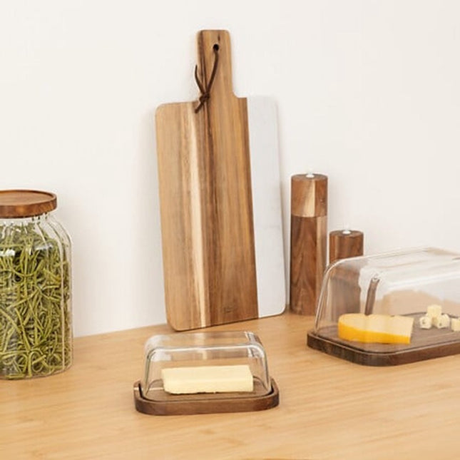 5Five botervloot - acacia hout - glas - 18 x 13 cm - bruin/transparant