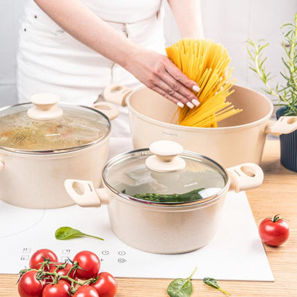 Klausberg KB-7961 Pannenset 6 Delig Beige | Marmer Anti-aanbaklaag | Geschikt voor Inductie | 3 Pannen met Deksels | Creme