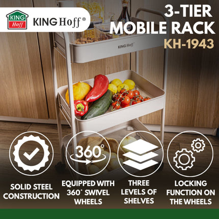 Kinghoff KH-1943 Mobiele 3-delige Stellingkar - Verrijdbare Opbergkar in Beige - Voor Keuken & Badkamer - Organizer op wieltjes - Bijzet meubel -