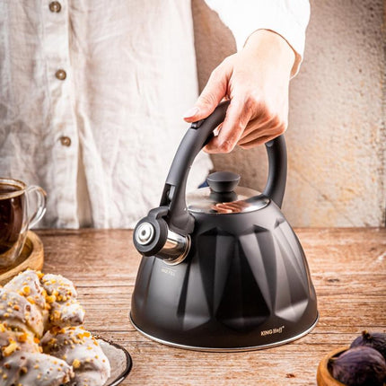 KINGHoff Fluitketel 2 Liter – RVS – Inductie Geschikt – Matte Zwarte Diamantstructuur – Soft-Touch Handgreep – KH-1997