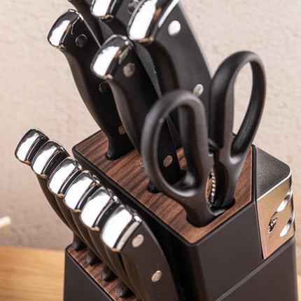 Klausberg KB-7985 13 Delig Messenset - Zwart Messenblok met Slijpstaaf - 6 Stekmessen Inclusief - Messenset met Blok - O.a. Broodmes, Koksmes, Vleesmessen en Schaar