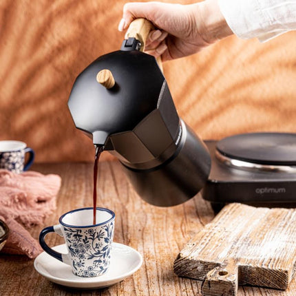 Kinghoff Aluminium Espressomaker KH-1887 – 9 Kopjes – Zwart Met Houten Handvat – Geschikt voor Inductie - 450ml - Percolator