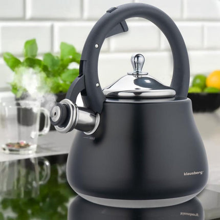 Klausberg Waterkoker 2.8L RVS - Fluitekettle voor Alle Hittebronnen (Inductie, Gas) - Zwart - Fluitketel - Waterkoker - Waterketel