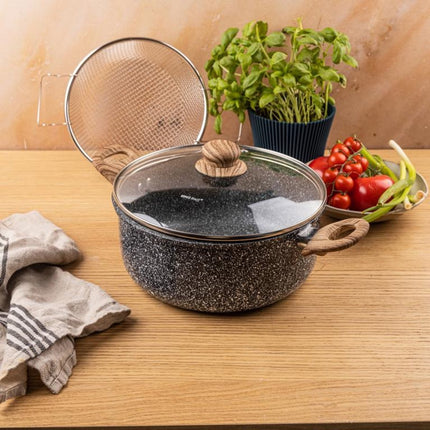 KingHoff KH-1985 4.0 Liter Frituur Pan met Mand - Marmer Non-Stick - Geschikt voor Alle Kookplaten Inclusief Inductie - 24 cm - Frituurpan met Korf - Friteuse