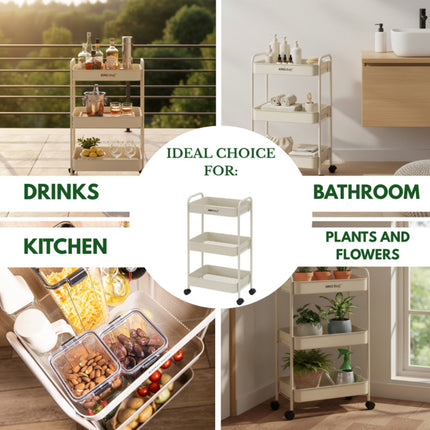Kinghoff KH-1943 Mobiele 3-delige Stellingkar - Verrijdbare Opbergkar in Beige - Voor Keuken & Badkamer - Organizer op wieltjes - Bijzet meubel -