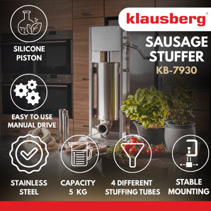 Klausberg Worstenvuller 5 kg - RVS - Verticaal Model KB-7930 - Professioneel voor Thuisgebruik - Incl. 4 Trechters - Handmatig