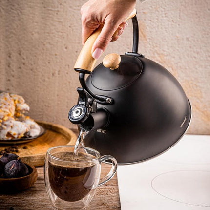 KINGHoff Fluitketel 2.5 Liter – RVS – Inductie Geschikt – Mat Zwart met Houten Handgreep – Minimalistisch Ontwerp – KH-1999