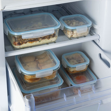 Set van 2 Kristalglas Lunchboxen – 800 ml Vershoudbakjes met Lichtblauw Randje – Glazen Lunchbox voor Salade, Maaltijden of Meal Prep – 18,5 x 12,5 x 6 cm