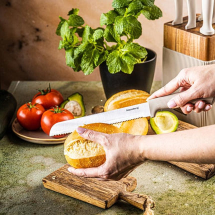 Klausberg KB-7984 8 Delig Messenset - Messenblok met Acacia Hout - Roestvrij Staal Inclusief Slijpstaaf - Broodmes - Koksmes - Vleesmes -