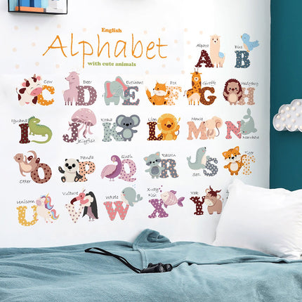 Wandsticker Engels Alfabet - Educatieve Letters voor Kinderkamer - 65x100 cm - Zelfklevende ABC Sticker voor Scholen en Kinderdagverblijven - Dieren woorden - Alfabet leren - Educatief