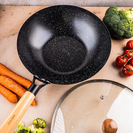 KINGHoff KH1984 Wok Pan 30 cm met Deksel - Roerbakpan voor Aziatisch Koken - Geschikt voor Alle Kookzones inclusief Inductie - Houten Handvat - Antiaanbaklaag